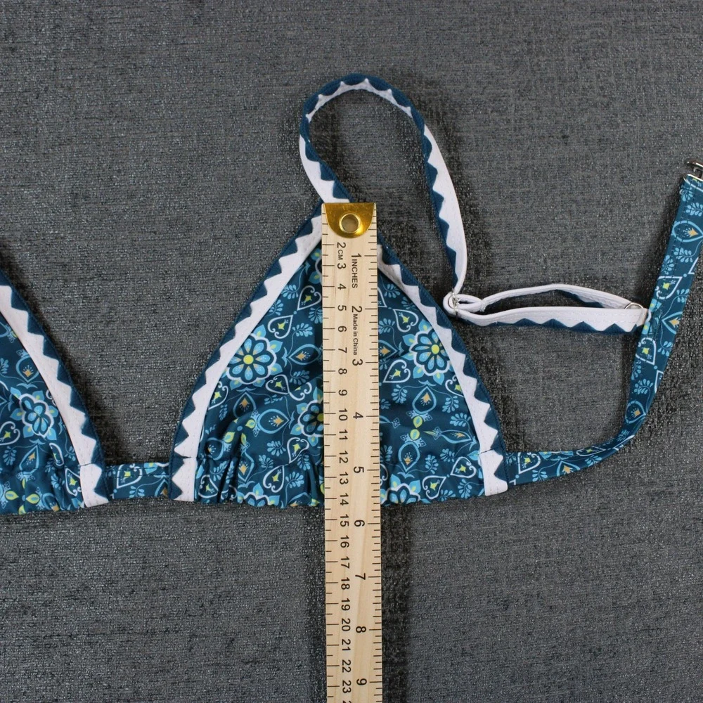 Blue Floral Mandala Ric Rac Trim Triangle Bikini Set High Cut Two Piece Swimsuit